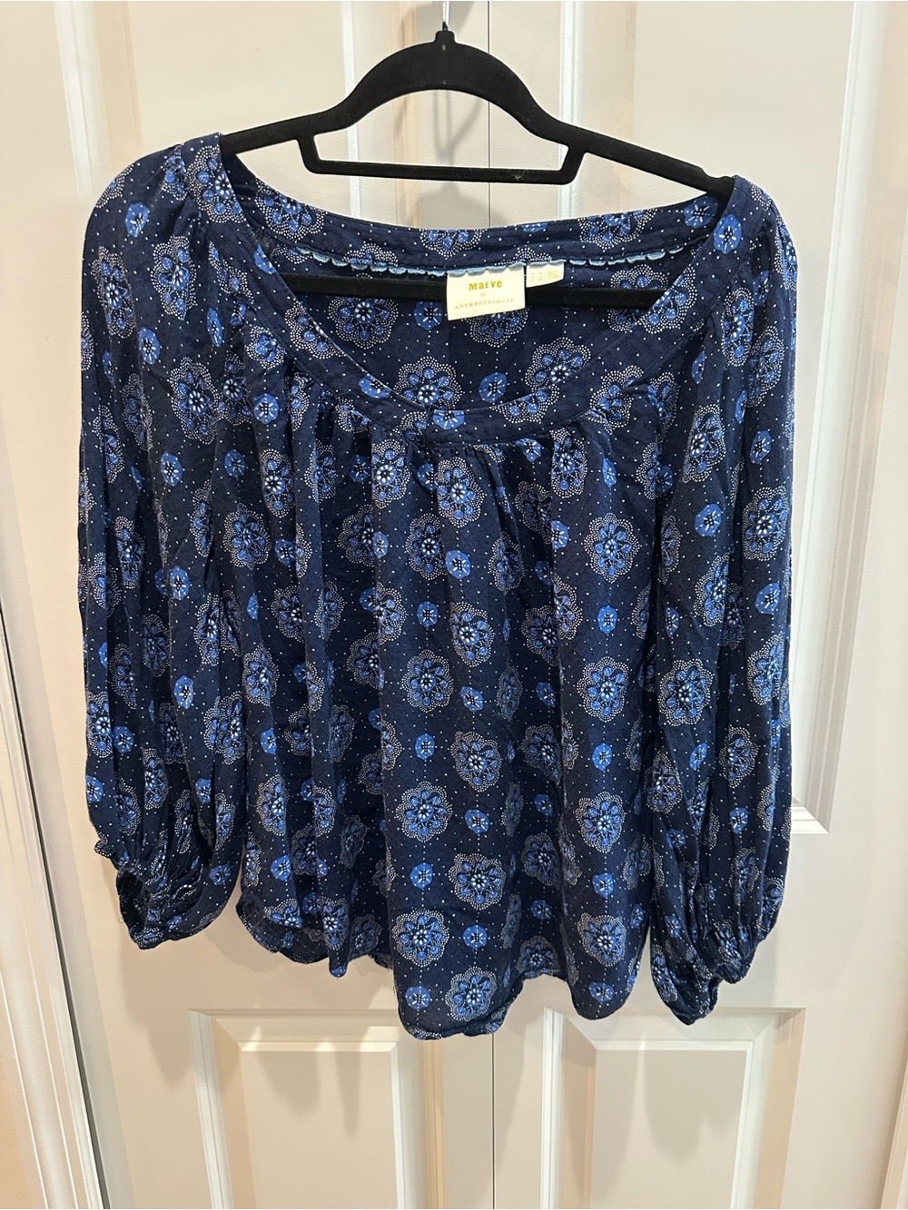 Maeve by Anthropologie Navy Blue Floral Peasant Blouse US 6